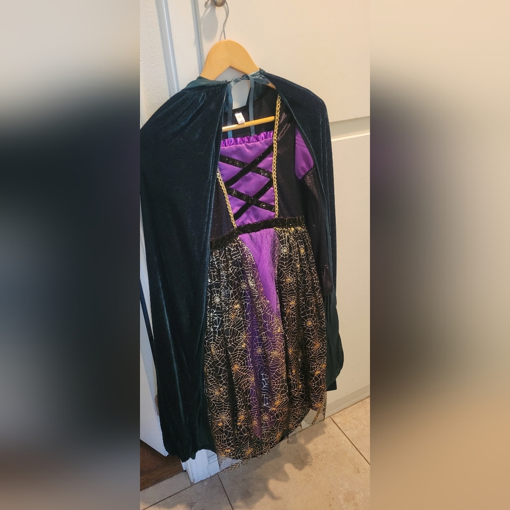 Enchanting Purple and black girls witch Costume with hat qnd green cape
